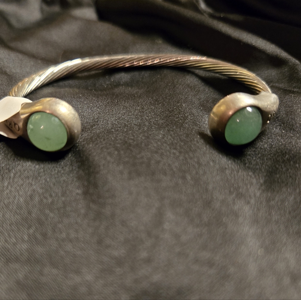Sterling Silver & Aventurine Cable Bracelet – Signed Qray – Wellness Energy